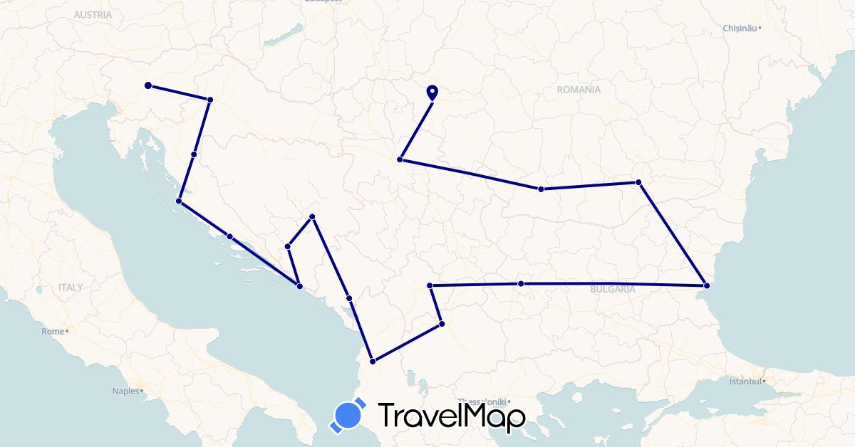 TravelMap itinerary: driving in Albania, Bosnia and Herzegovina, Bulgaria, Croatia, Montenegro, Macedonia, Romania, Serbia, Slovenia, Kosovo (Europe)